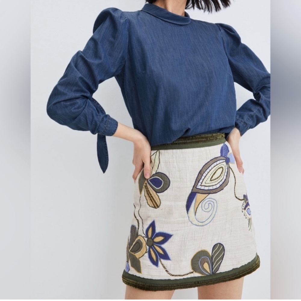 Veronica Beard Inga Mini Skirt Silk Embellished Oyster Floral Beaded Size 10 NWT